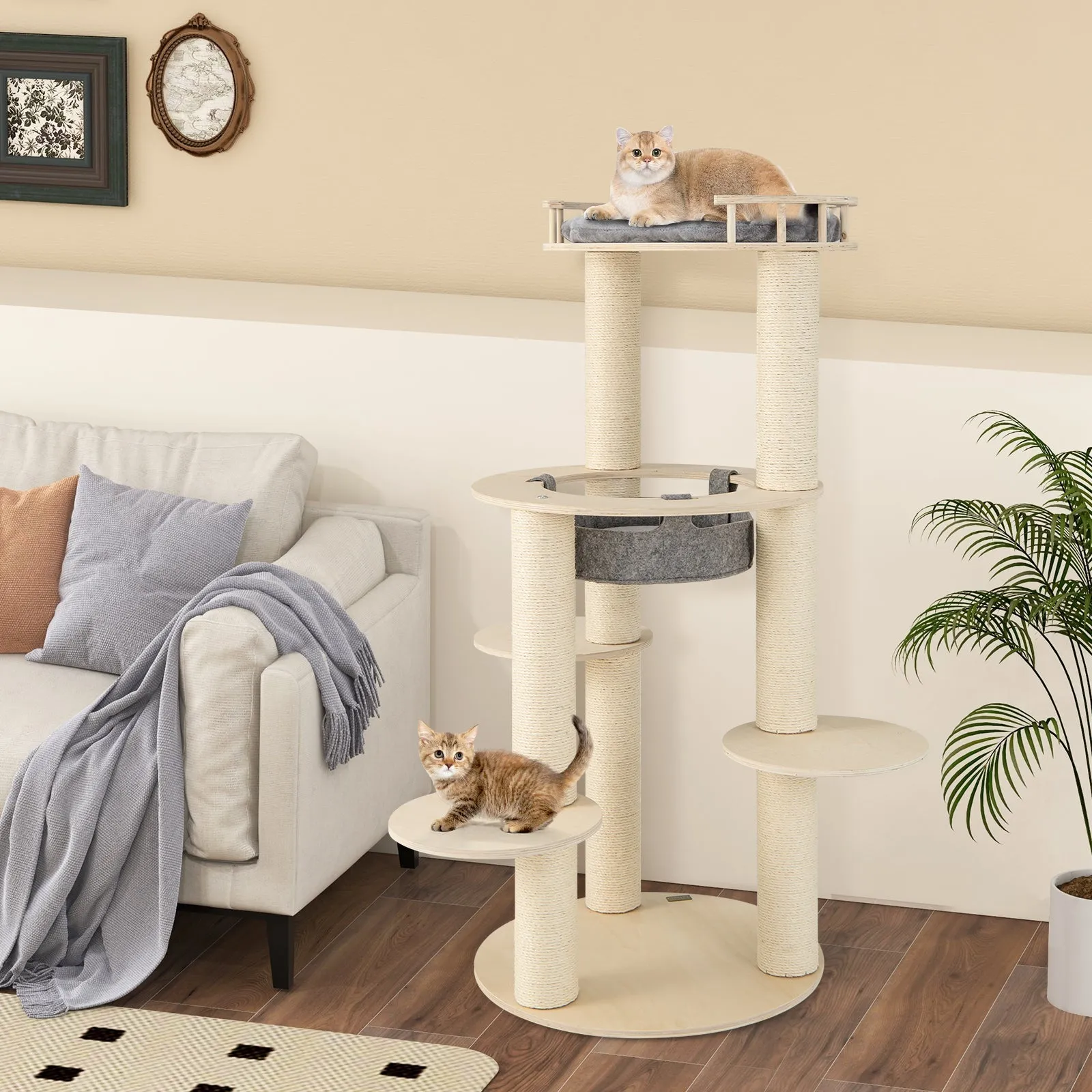 150CM Wooden Multi-Level Cat Tree with Top Perch and Hammock-Grey