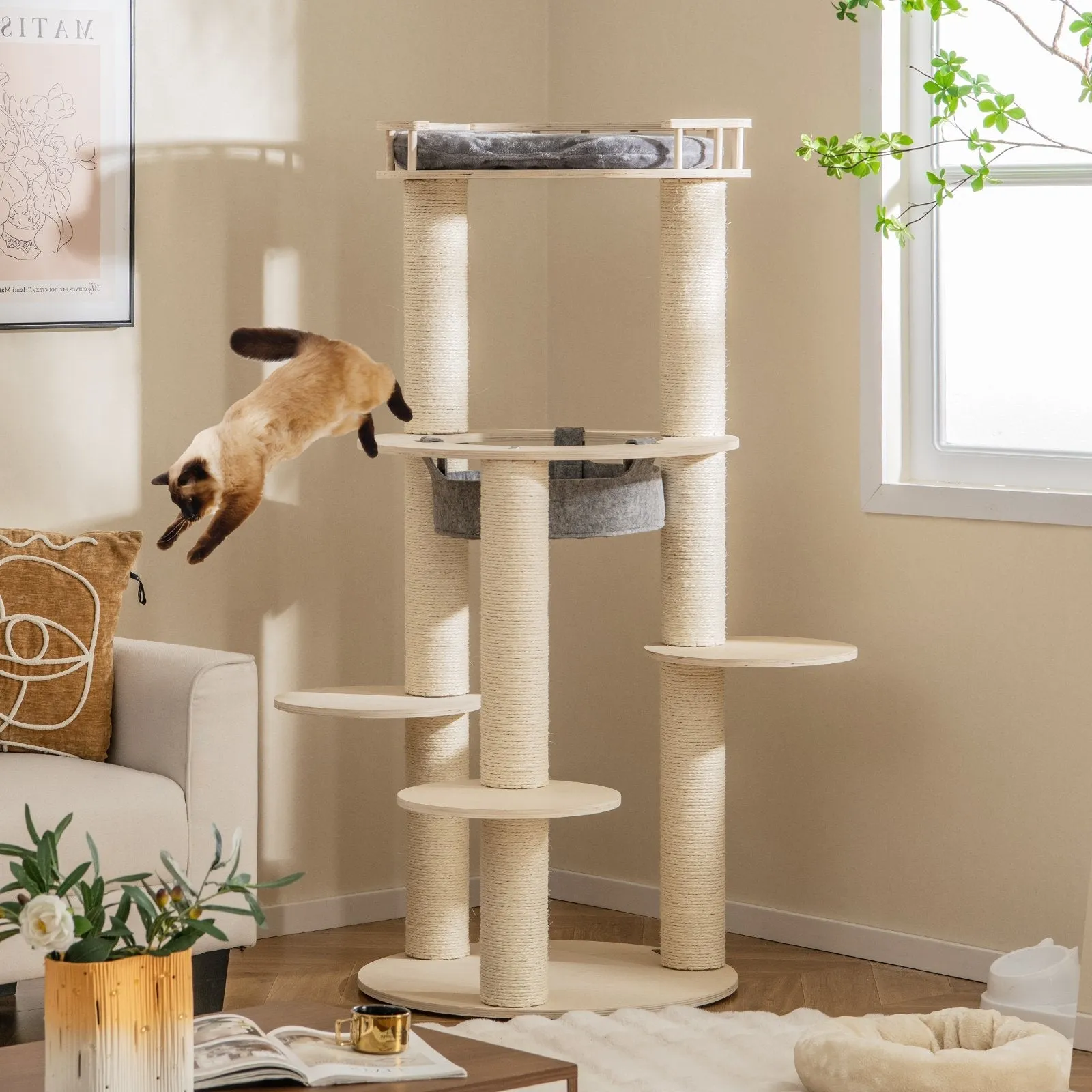 150CM Wooden Multi-Level Cat Tree with Top Perch and Hammock-Grey