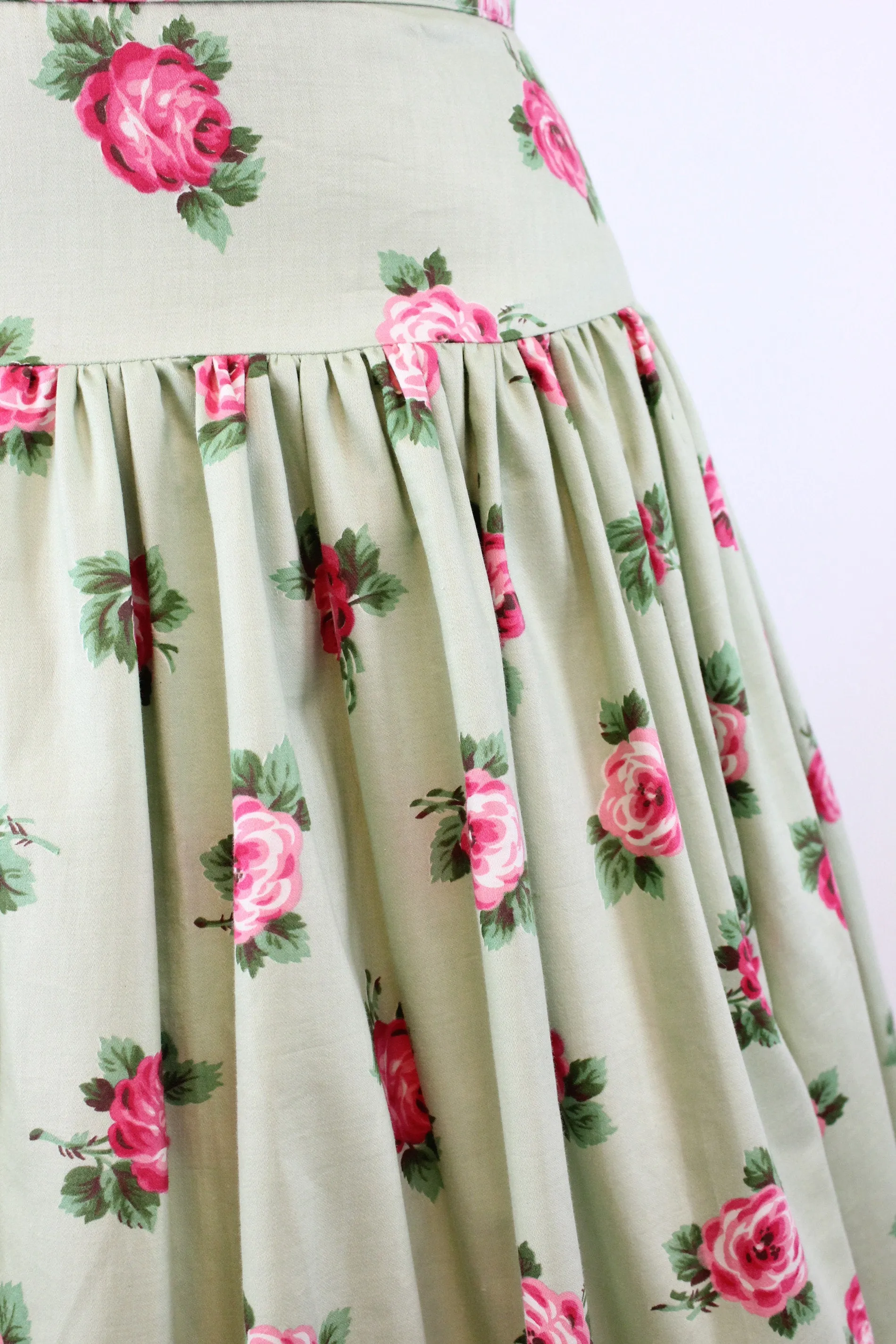 1950s rose print skirt pistachio chintz cotton xs | new spring summer