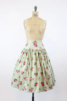 1950s rose print skirt pistachio chintz cotton xs | new spring summer