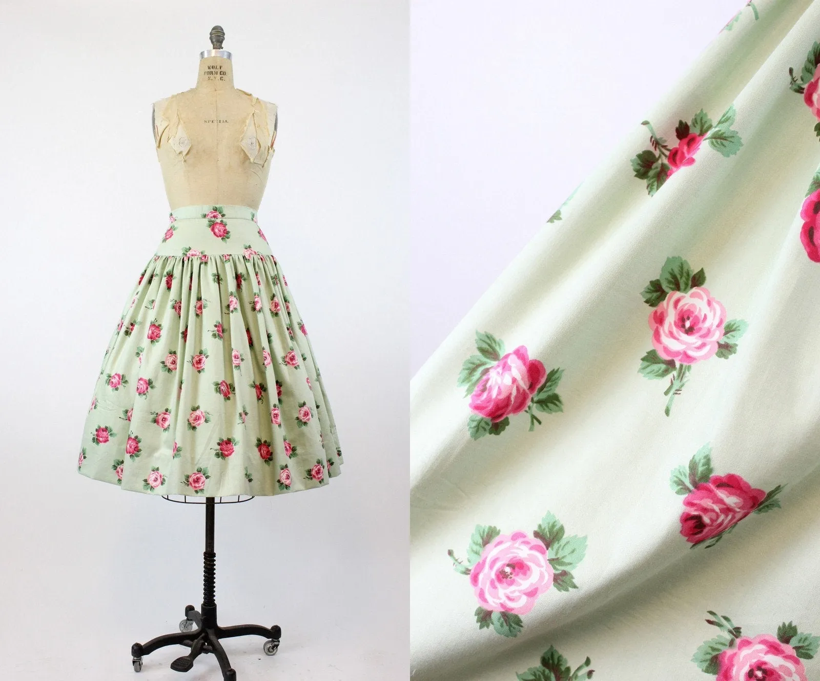 1950s rose print skirt pistachio chintz cotton xs | new spring summer