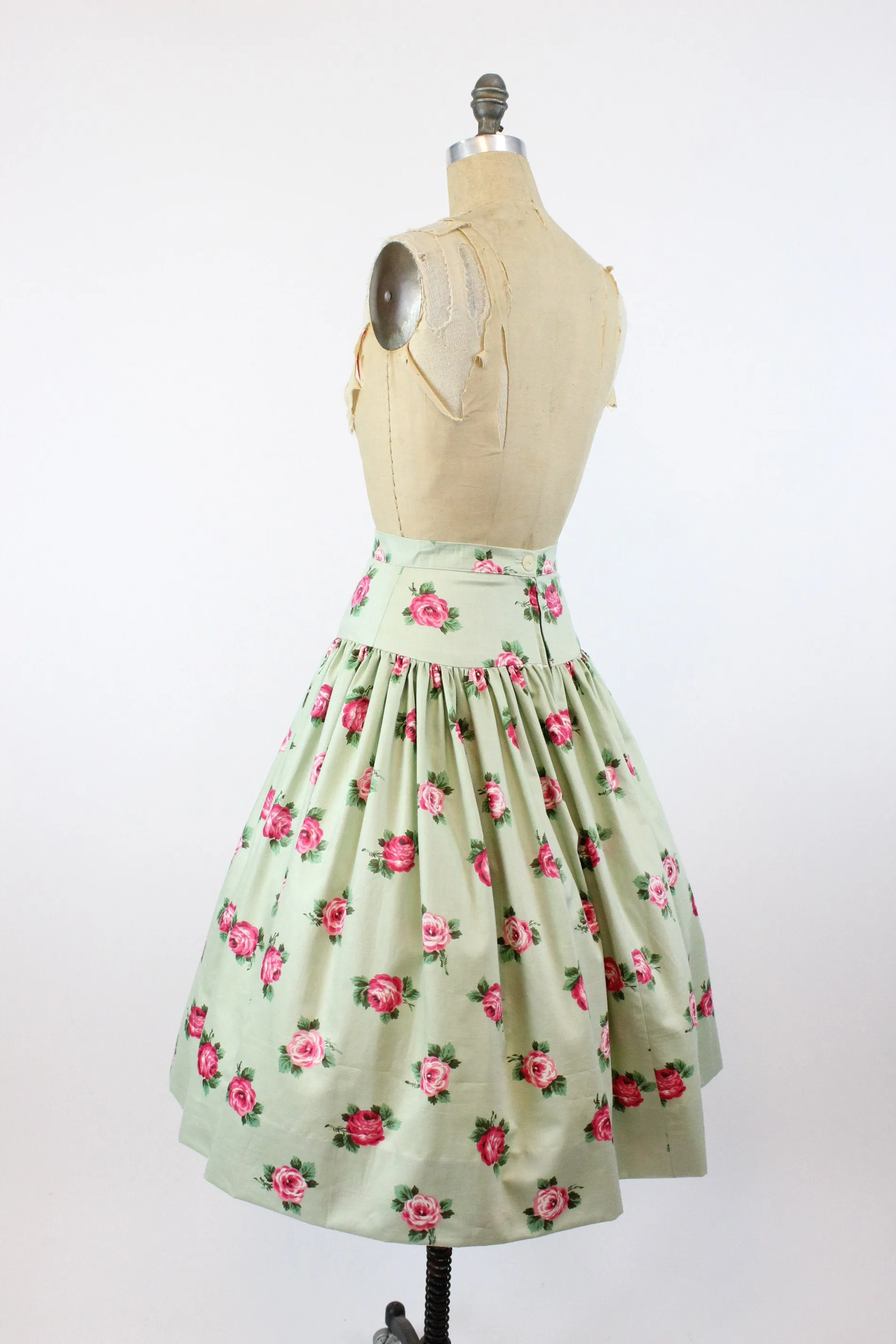 1950s rose print skirt pistachio chintz cotton xs | new spring summer