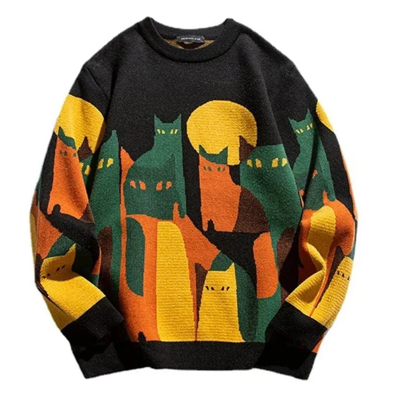 2024 Autumn Knitted Sweater Men Women Winter Harajuku Cartoon Full Cat Print Pullover Vintage Causal Loose Sweaters Streetwear