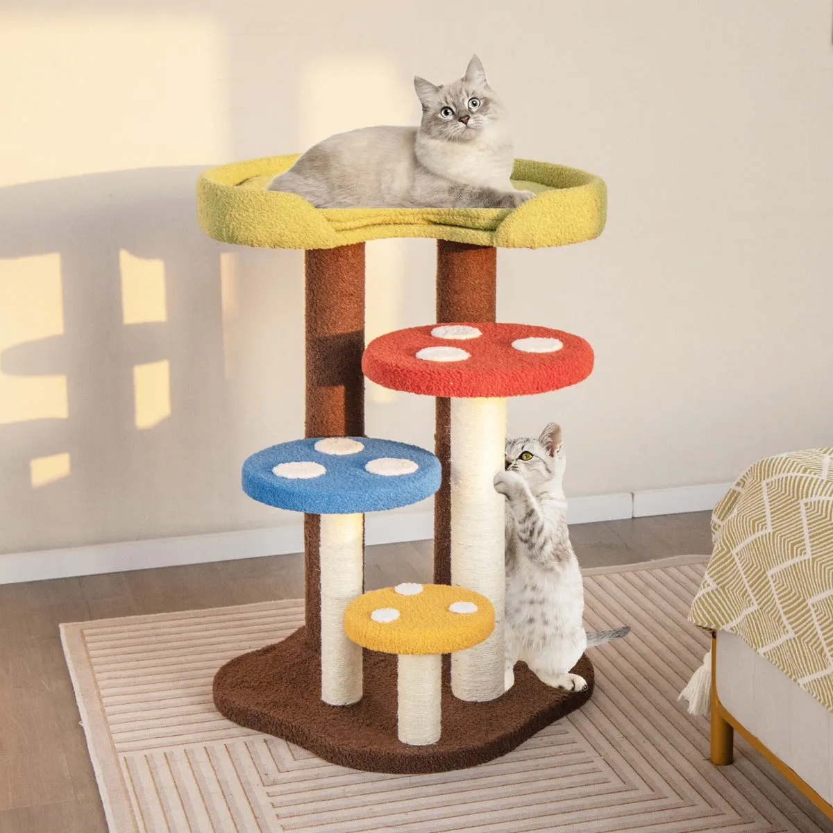 3-In-1 Cat Tree with 3 Full-Wrapped Sisal Posts and Removable Mat & Platforms-Multicolor