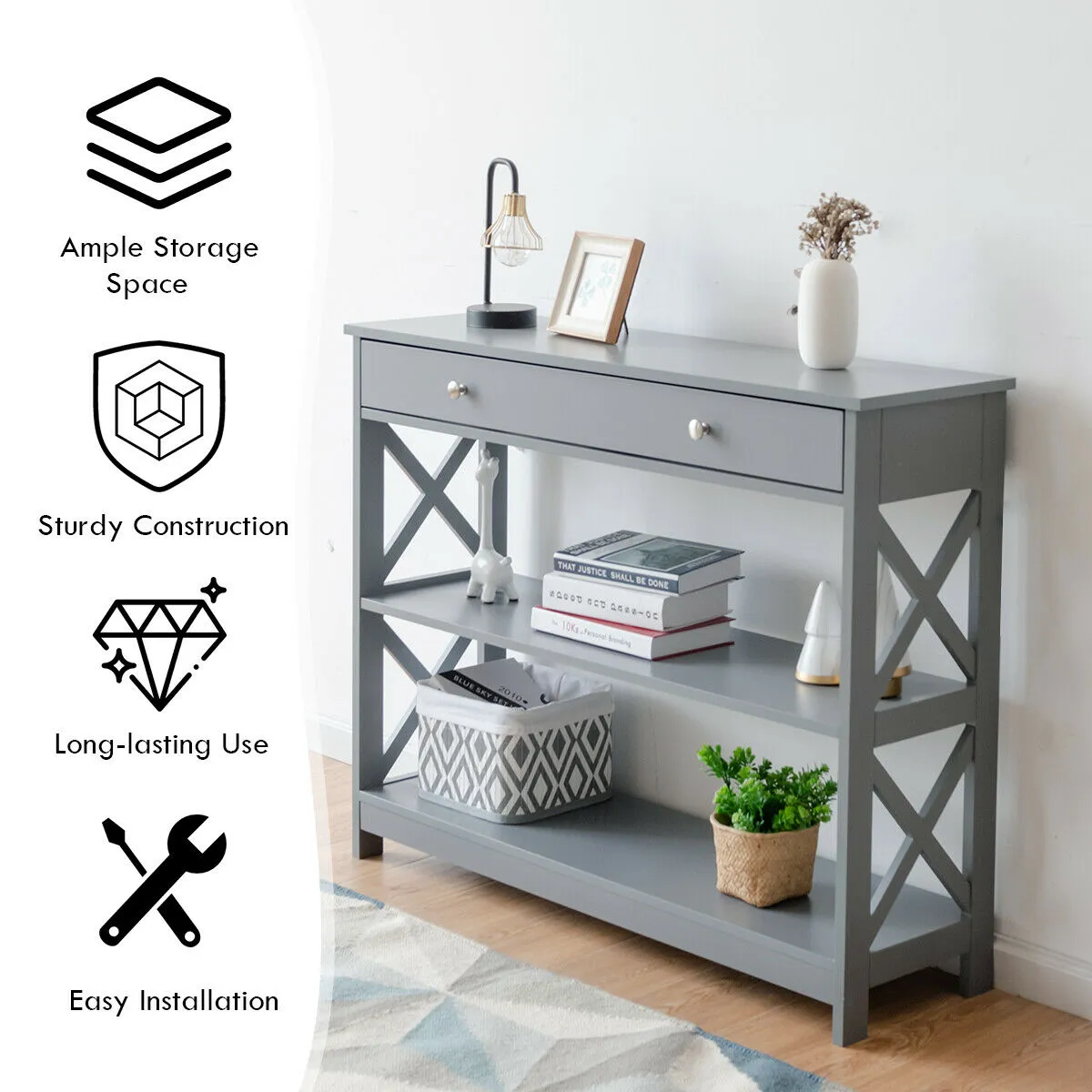 3-Tier Console Table with 1 Drawer and 2 Storage Shelves-Grey