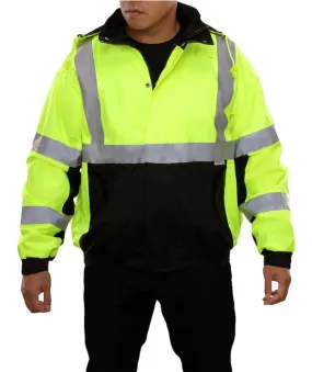 411STLB Safety Jacket: Hi-Vis Bomber: Breathable Waterproof: Hood: Lime 2-Tone