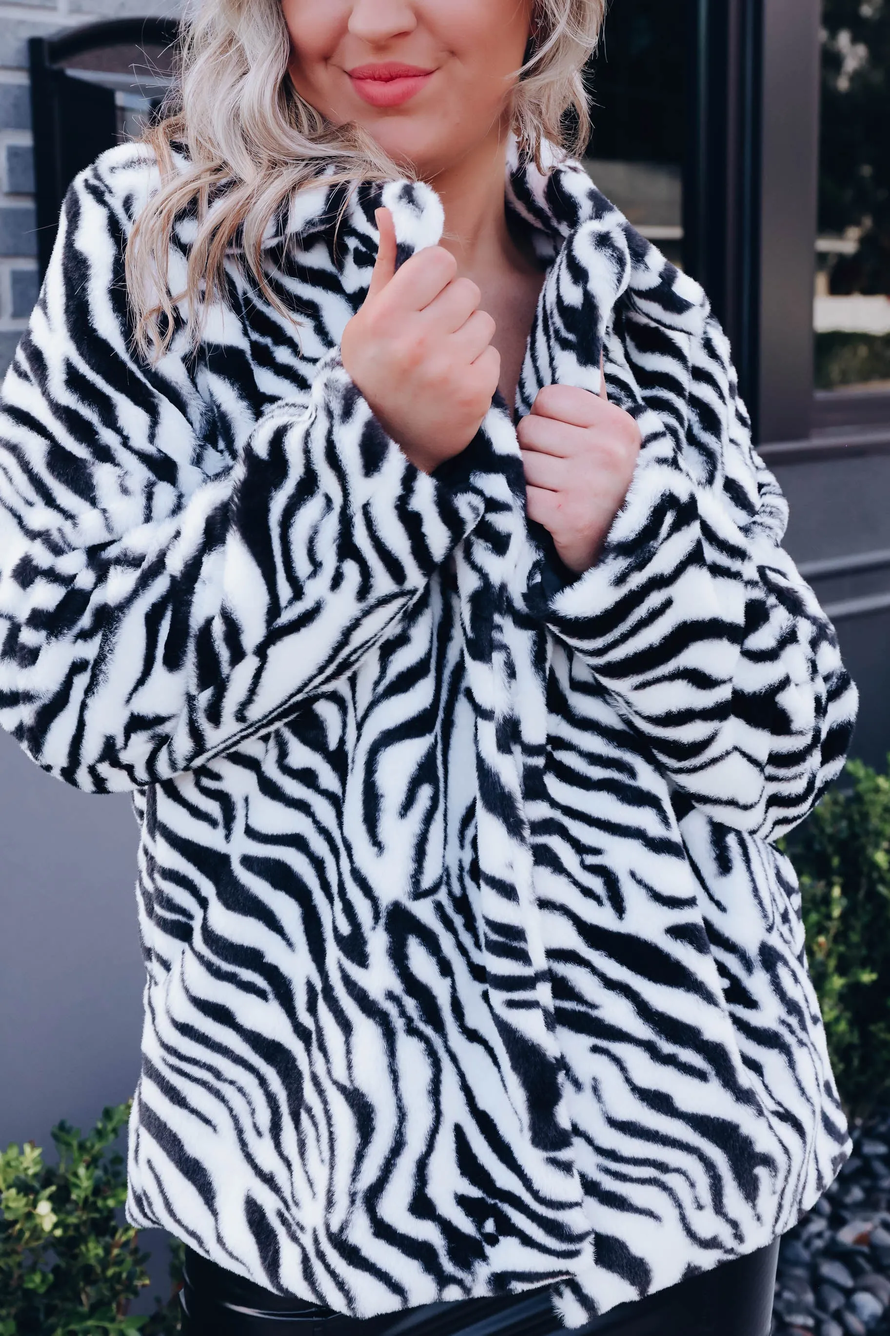 A Lil' Extra Zebra Print Faux Fur Jacket