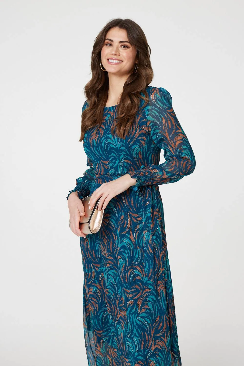 Abstract Long Sheer Sleeve Maxi Dress