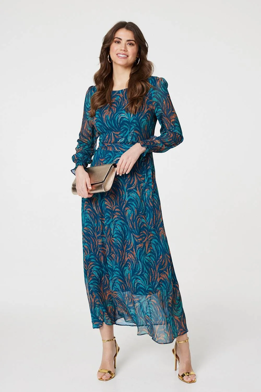 Abstract Long Sheer Sleeve Maxi Dress