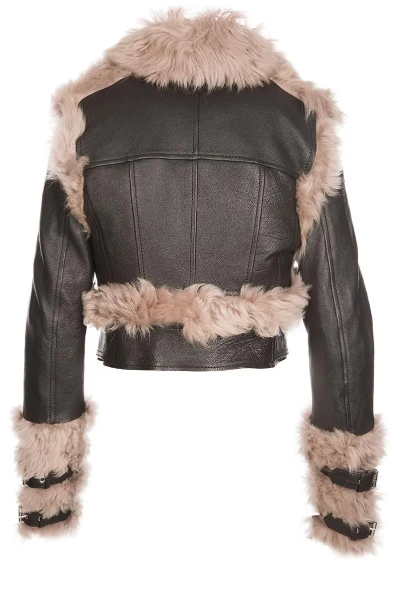 Alexander McQueen Studded Contrast Shearling Biker Jacket