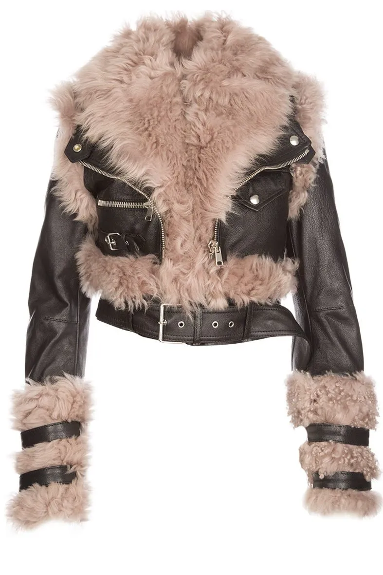 Alexander McQueen Studded Contrast Shearling Biker Jacket