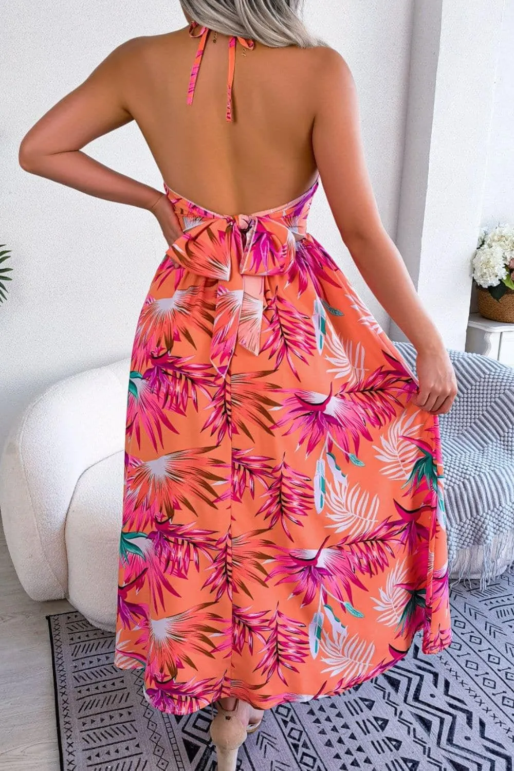 Andrea Botanical Print Tied Backless Cutout Slit Dress