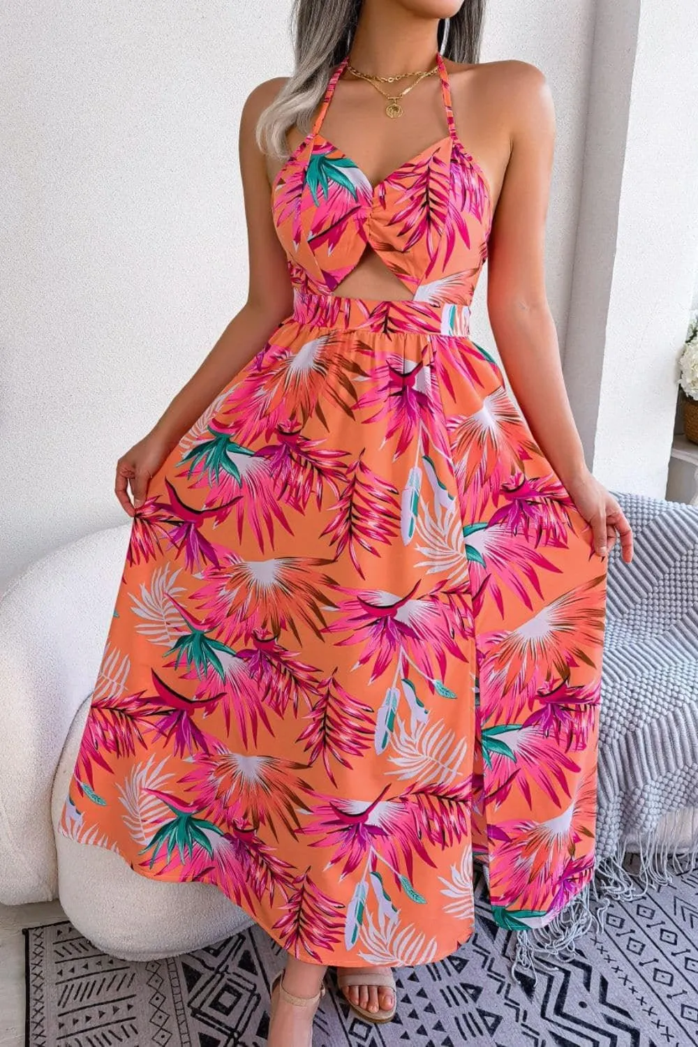 Andrea Botanical Print Tied Backless Cutout Slit Dress