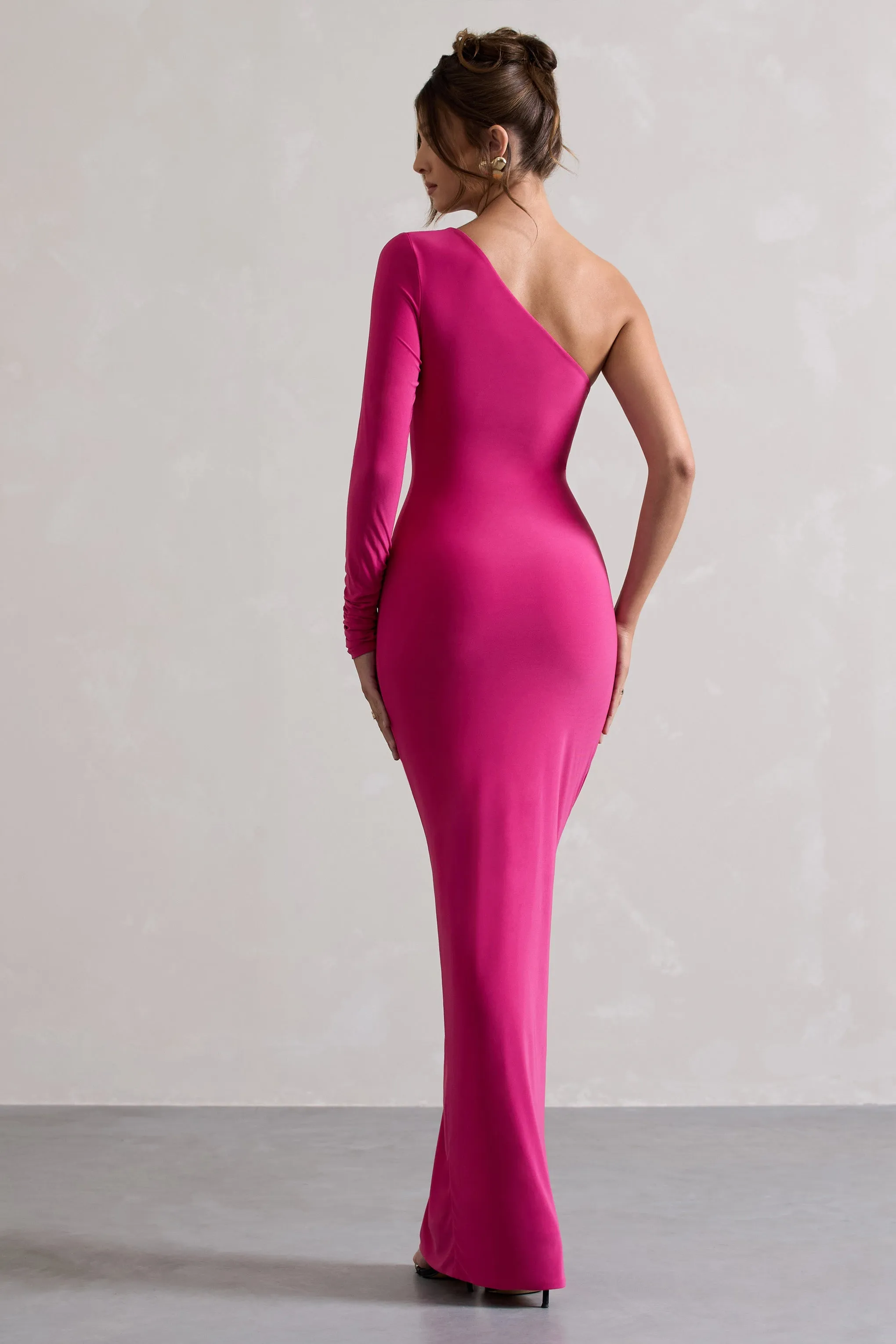 Anima | Dark Pink Asymmetric Ruched One-Sleeve Maxi Dress