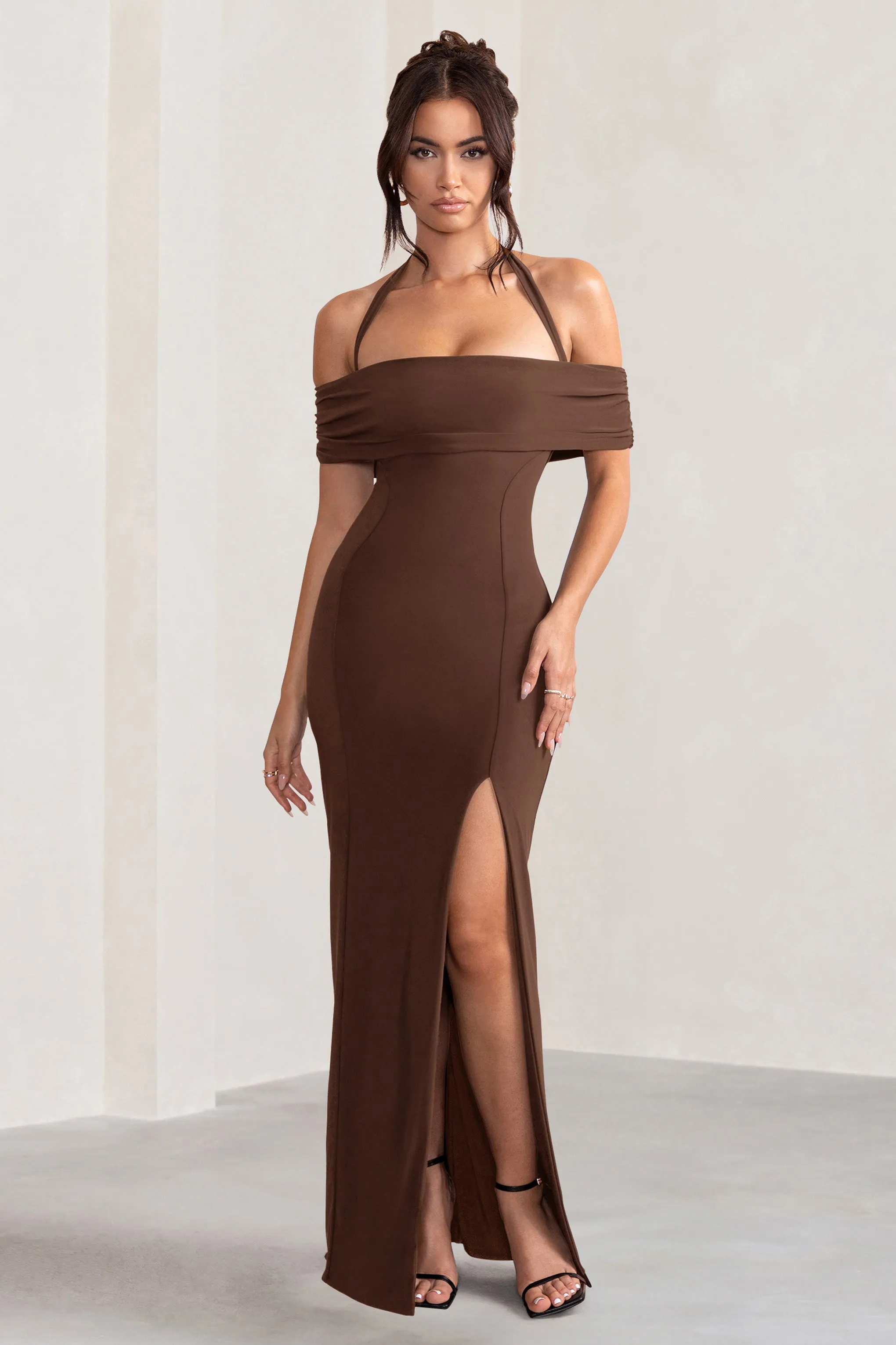 Anisa | Chocolate Brown Layered Halter Neck Bardot Maxi Dress With Thigh Split