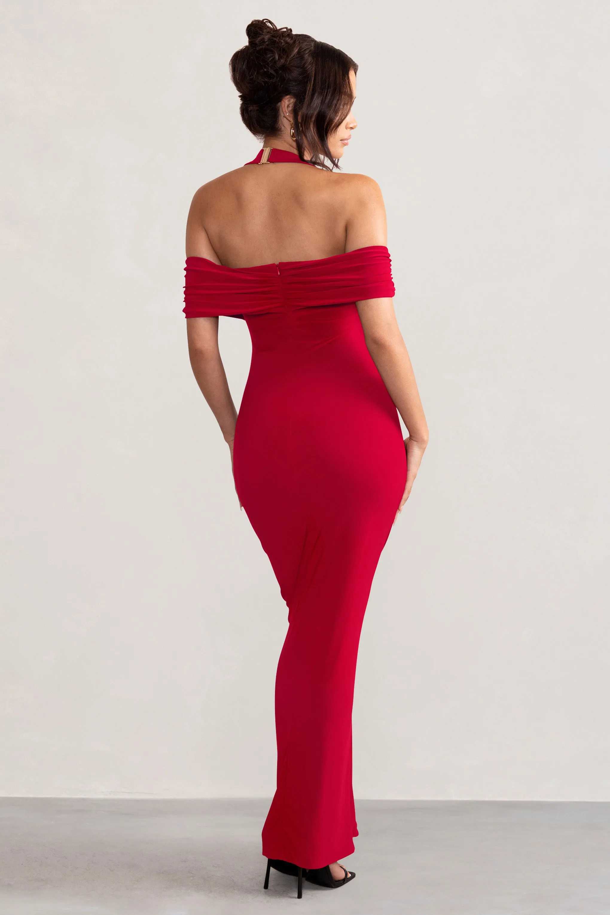 Anisa | Red Layered Halter Neck Bardot Maxi Dress With Thigh Split