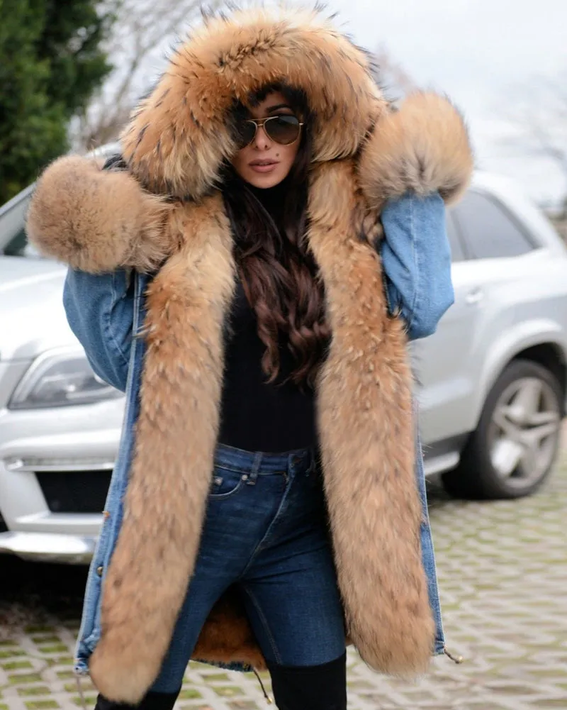 Aofur Casual Women Denim Jacket Long Faux Fur Jean Coat Hooded Parka Overcoat Plus Size S-XXXL