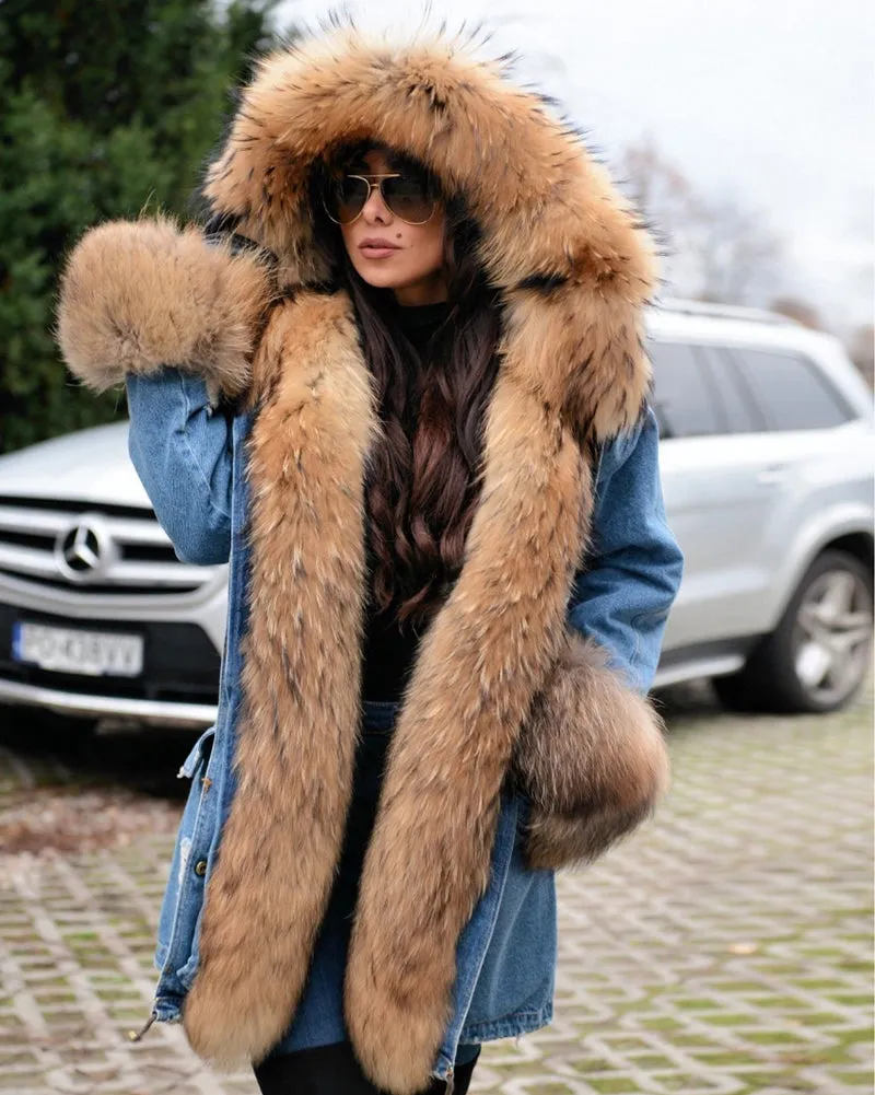 Aofur Casual Women Denim Jacket Long Faux Fur Jean Coat Hooded Parka Overcoat Plus Size S-XXXL