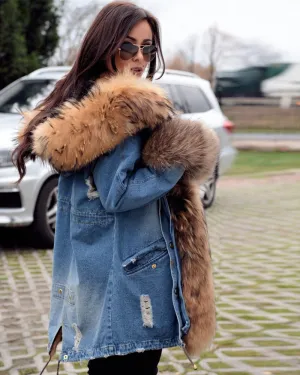 Aofur Casual Women Denim Jacket Long Faux Fur Jean Coat Hooded Parka Overcoat Plus Size S-XXXL