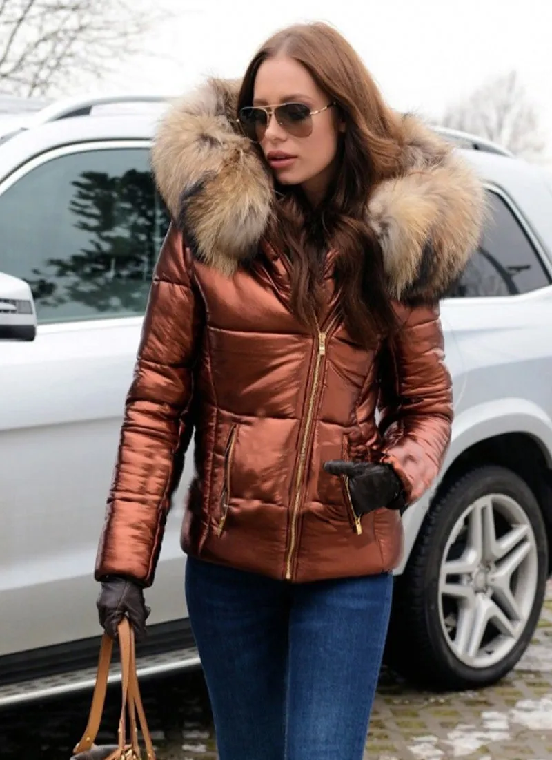 Aofur Womens Down Jacket Vintage Big Fur Collar Warm Hooded Quilted Puffer Coat Outwear S-XXXL