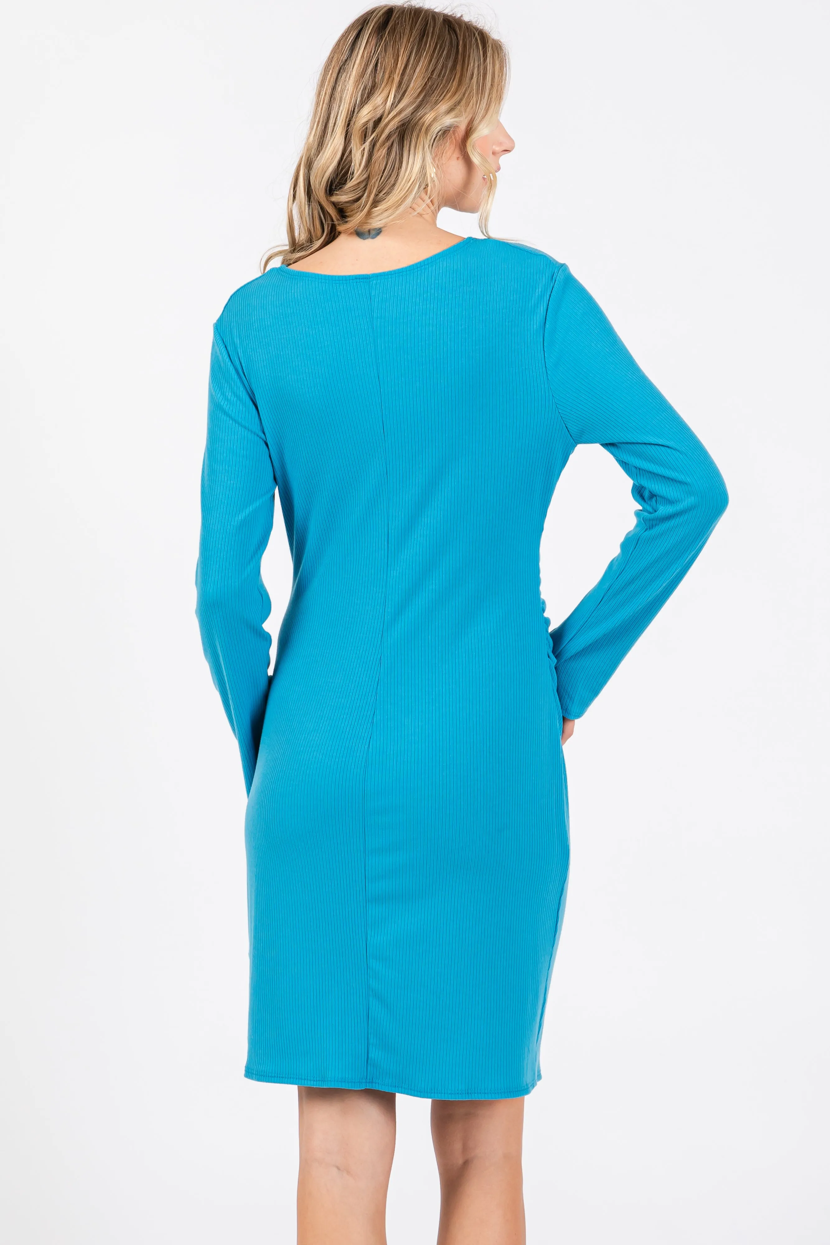 Aqua Blue Ribbed Side Ruched Fitted Dress