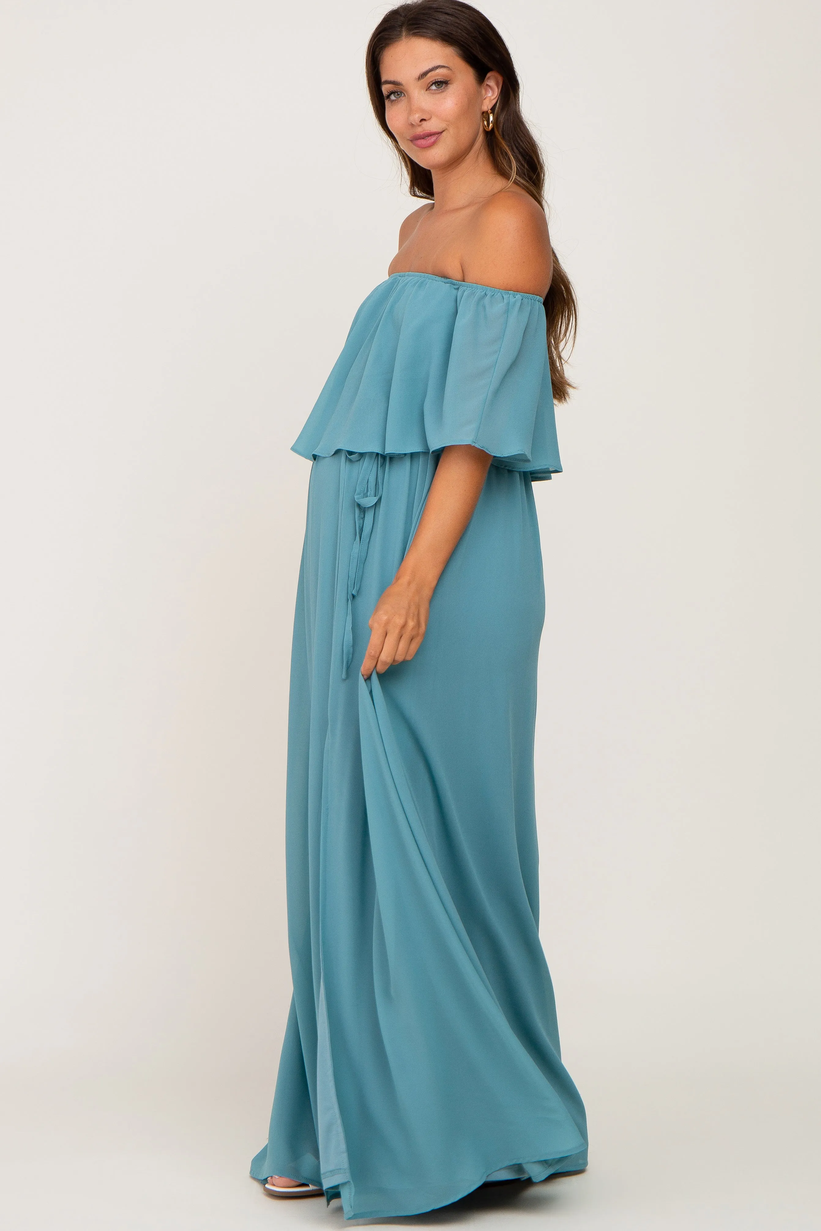 Aqua Chiffon Off Shoulder Maternity Maxi Dress