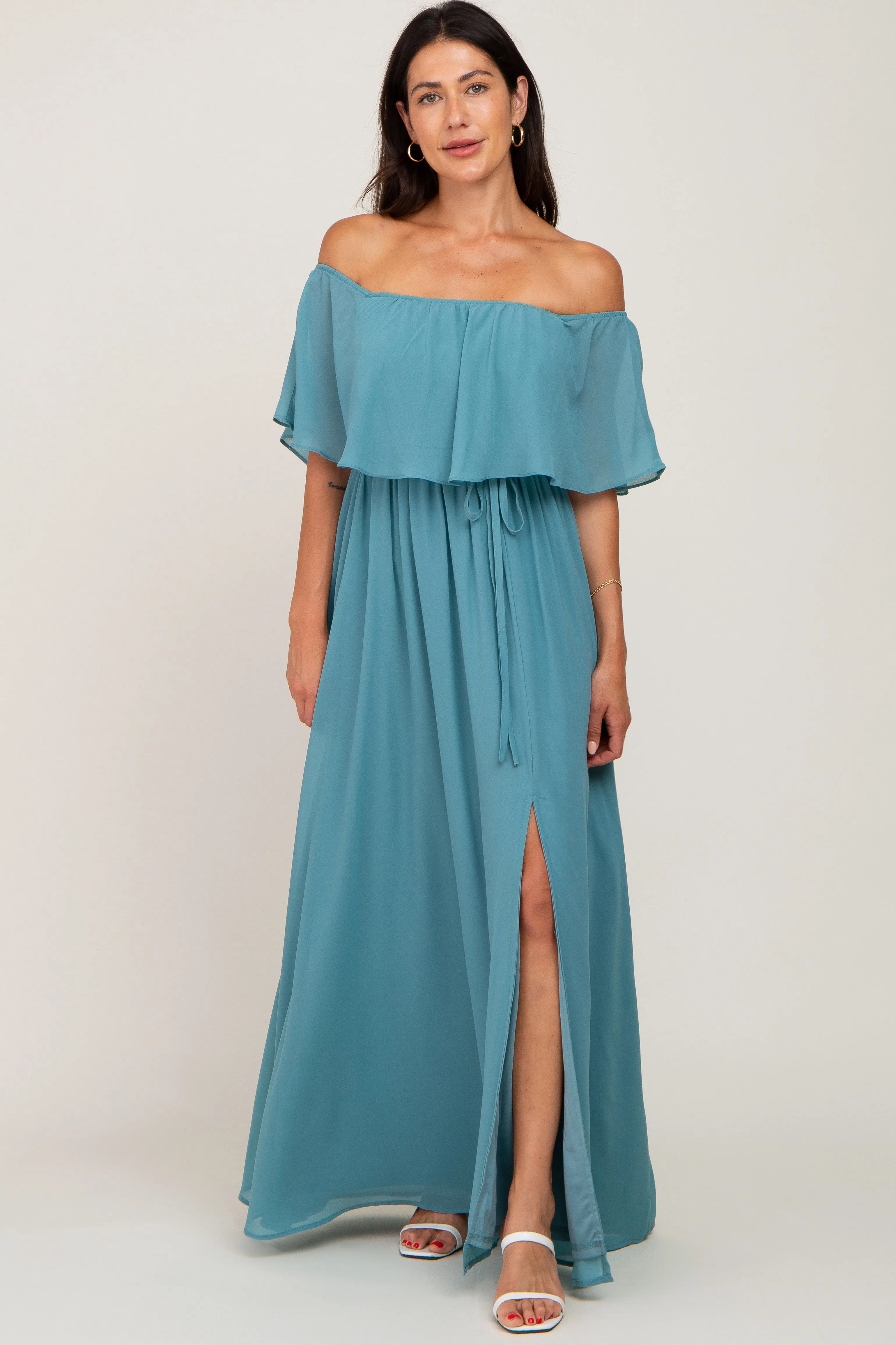 Aqua Chiffon Off Shoulder Maternity Maxi Dress