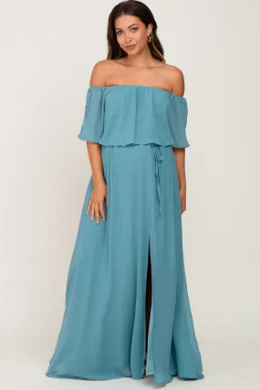 Aqua Chiffon Off Shoulder Maternity Maxi Dress