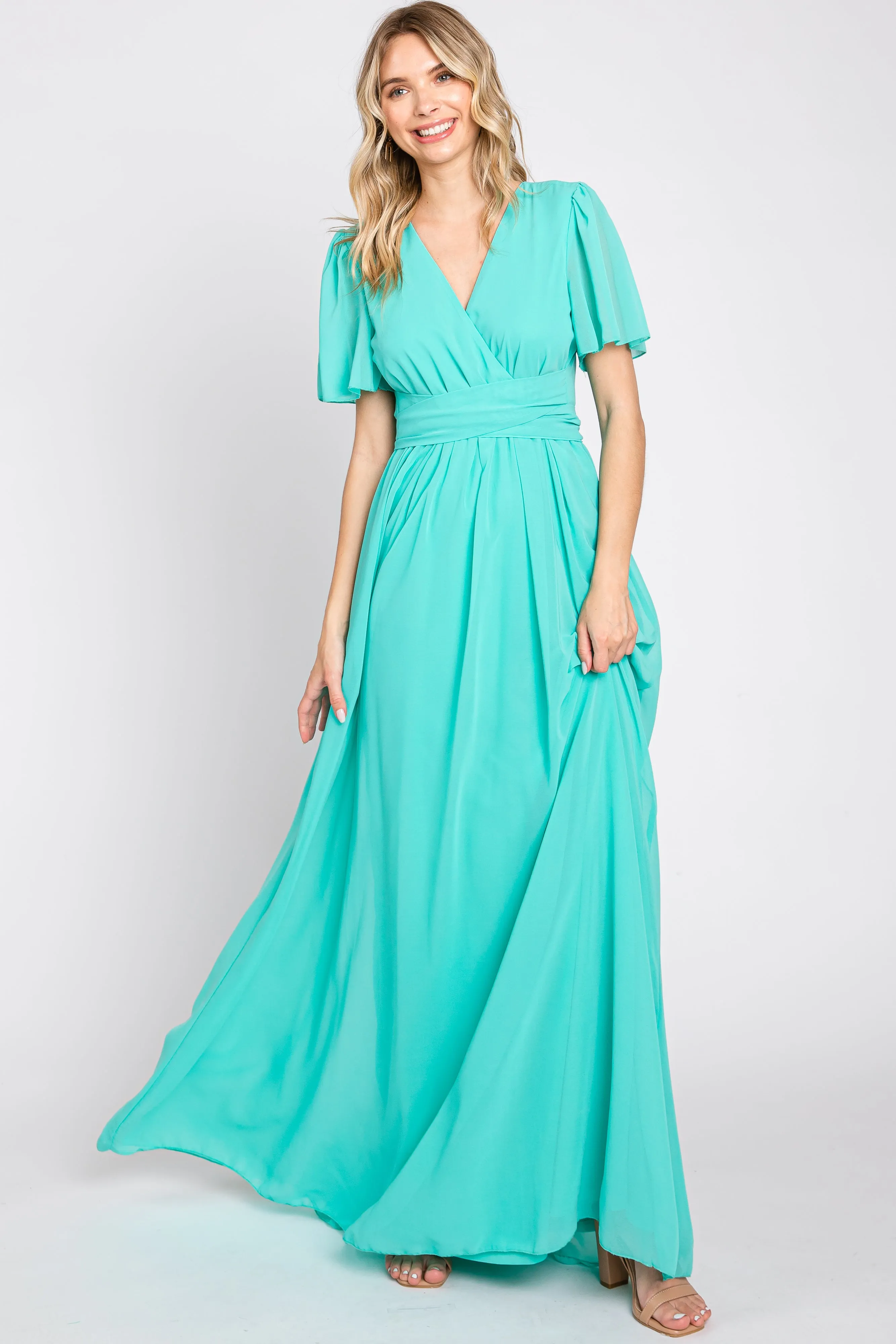 Aqua Chiffon Wrap Front Short Sleeve Maternity Maxi Dress