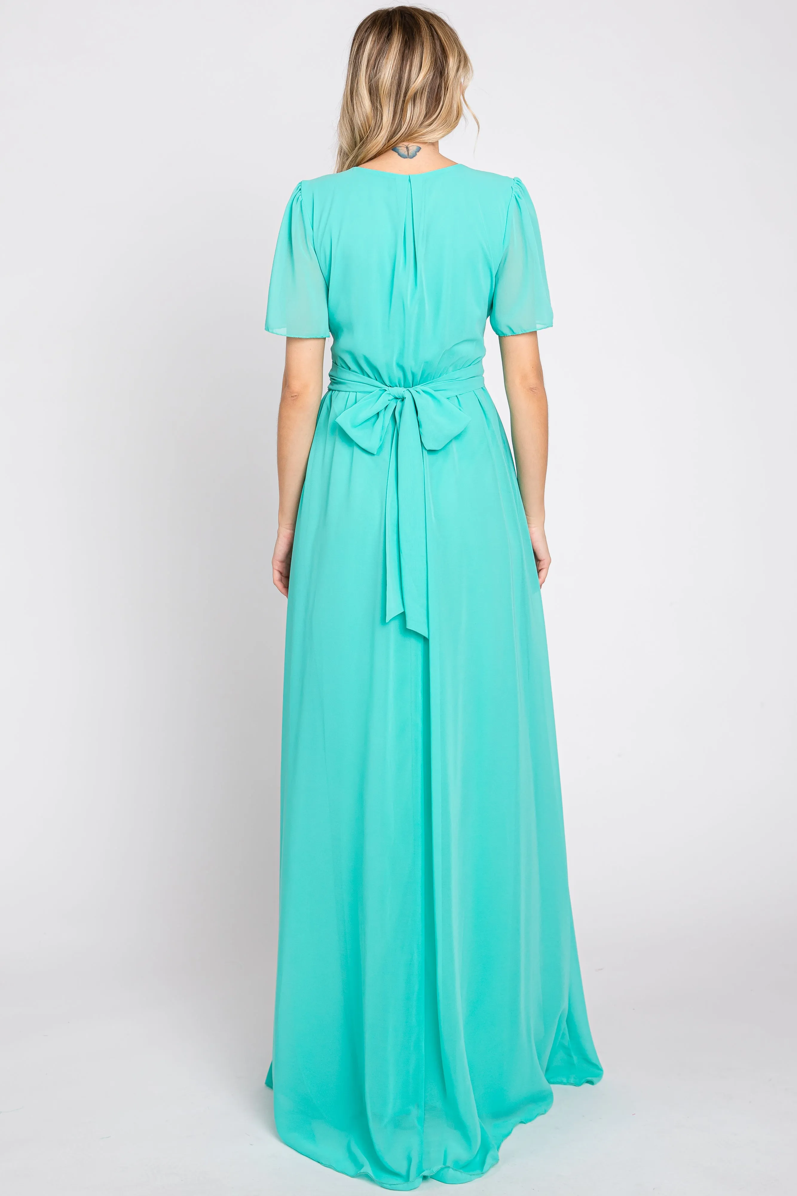 Aqua Chiffon Wrap Front Short Sleeve Maxi Dress