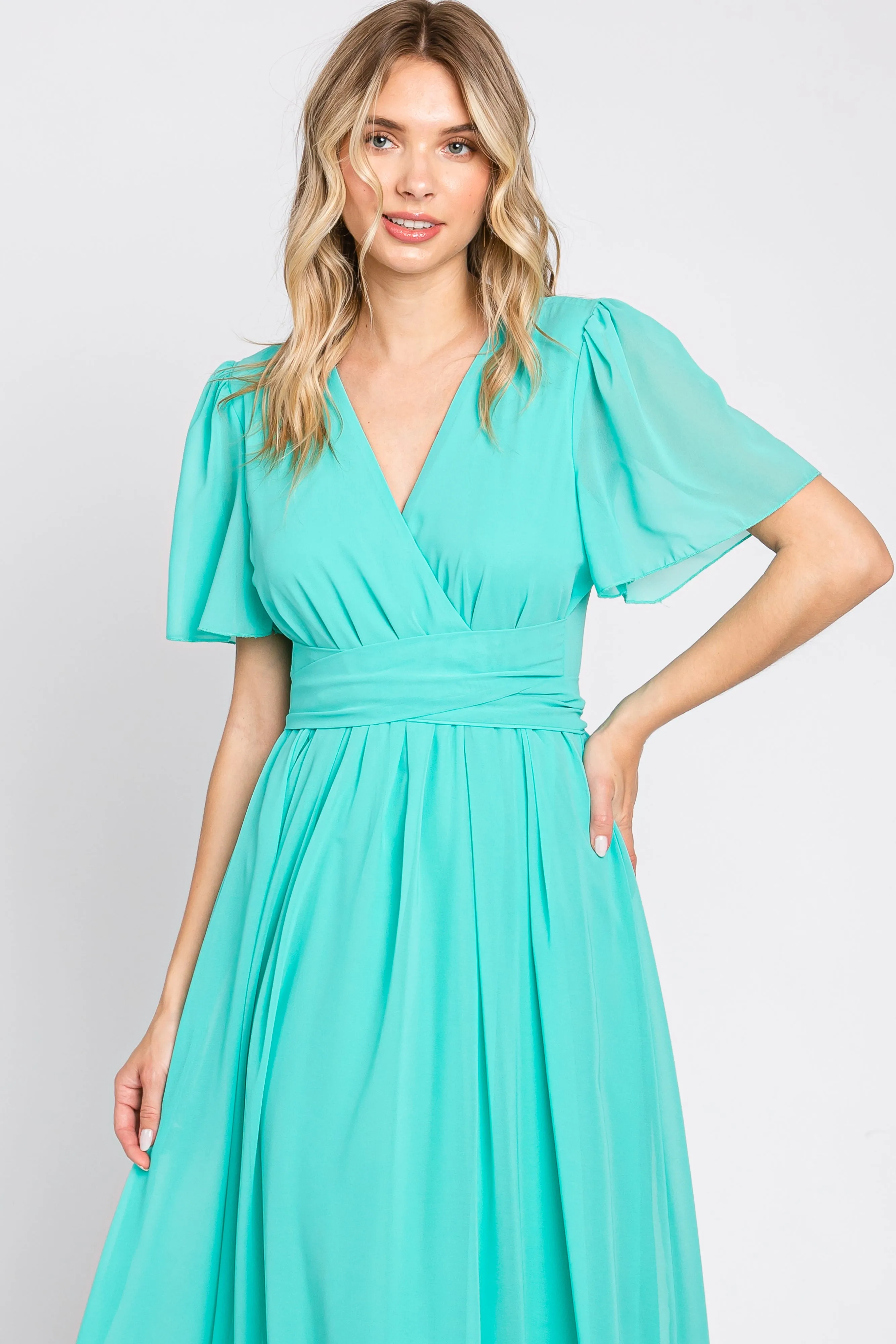 Aqua Chiffon Wrap Front Short Sleeve Maxi Dress