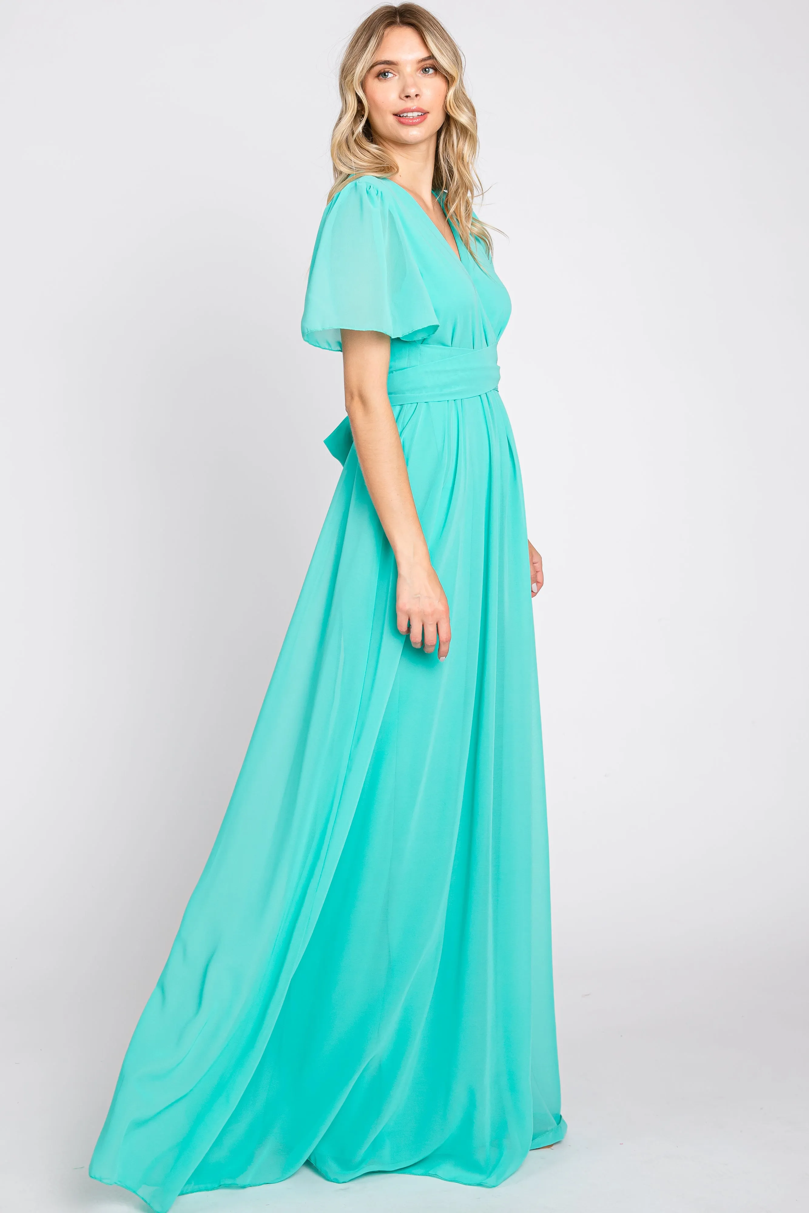 Aqua Chiffon Wrap Front Short Sleeve Maxi Dress