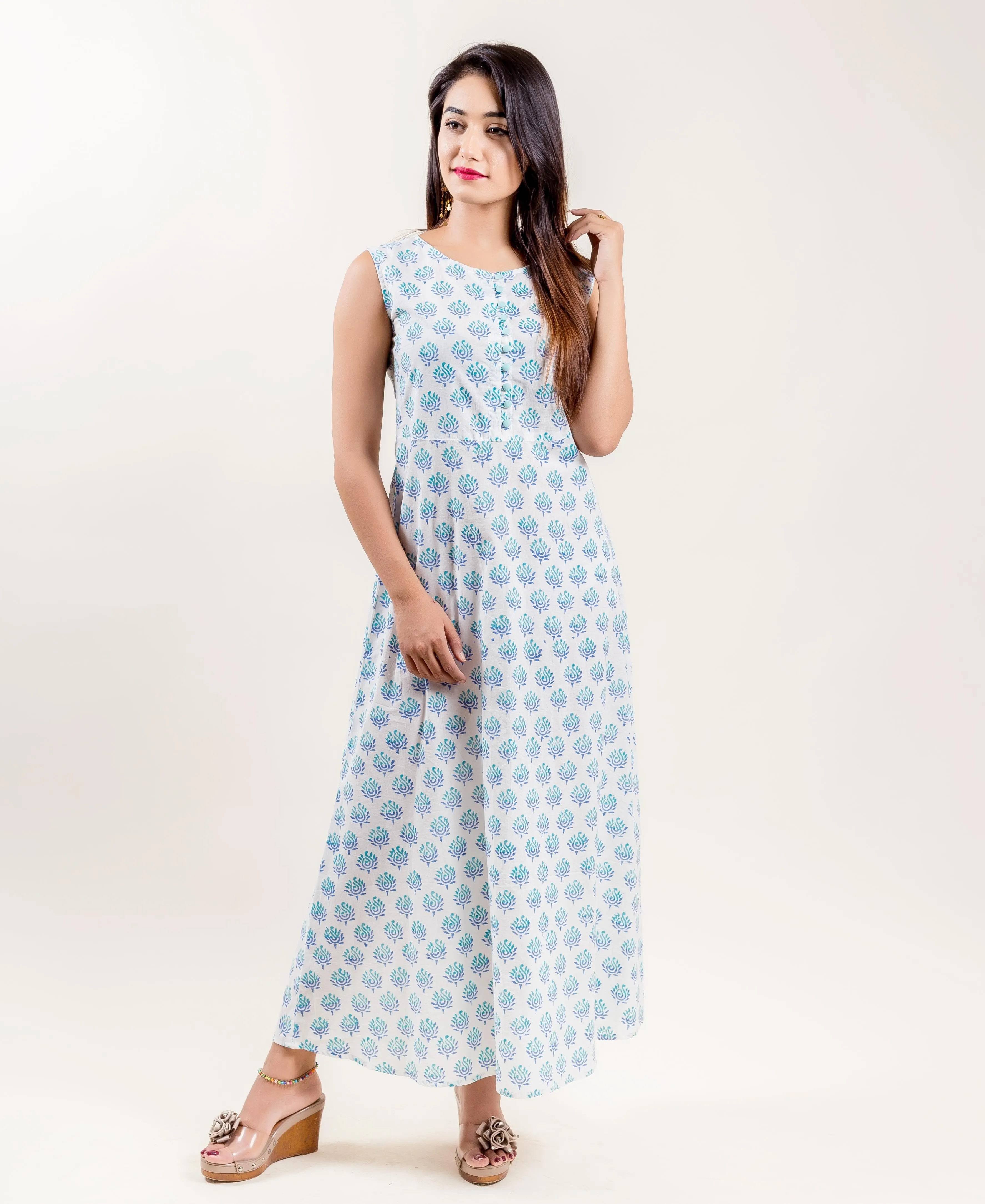 Aqua Cotton Tiered Indo Western Dress with Sleeveless inner