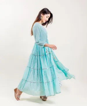 Aqua Cotton Tiered Indo Western Dress with Sleeveless inner