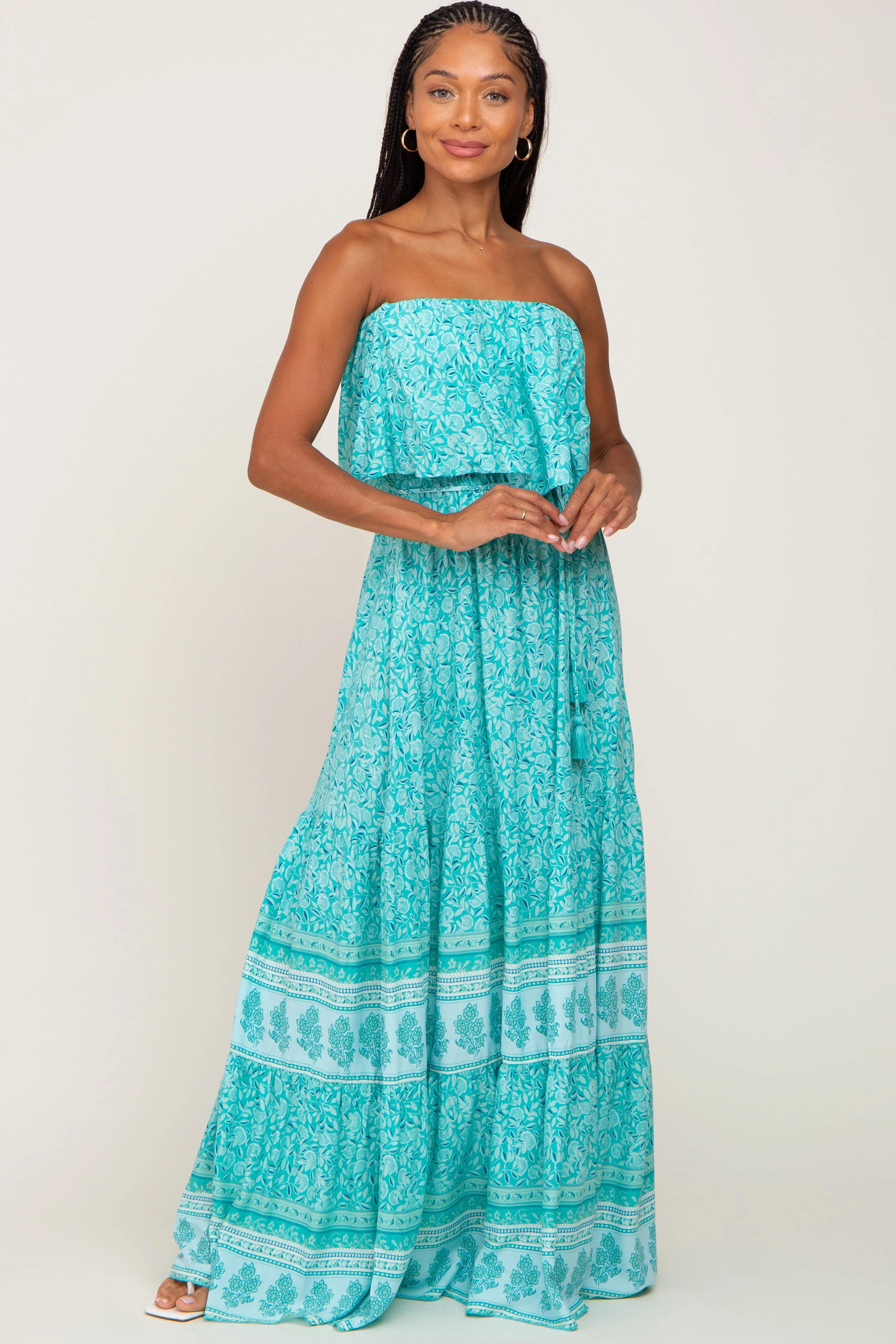 Aqua Floral Ruffle Layered Strapless Maxi Dress