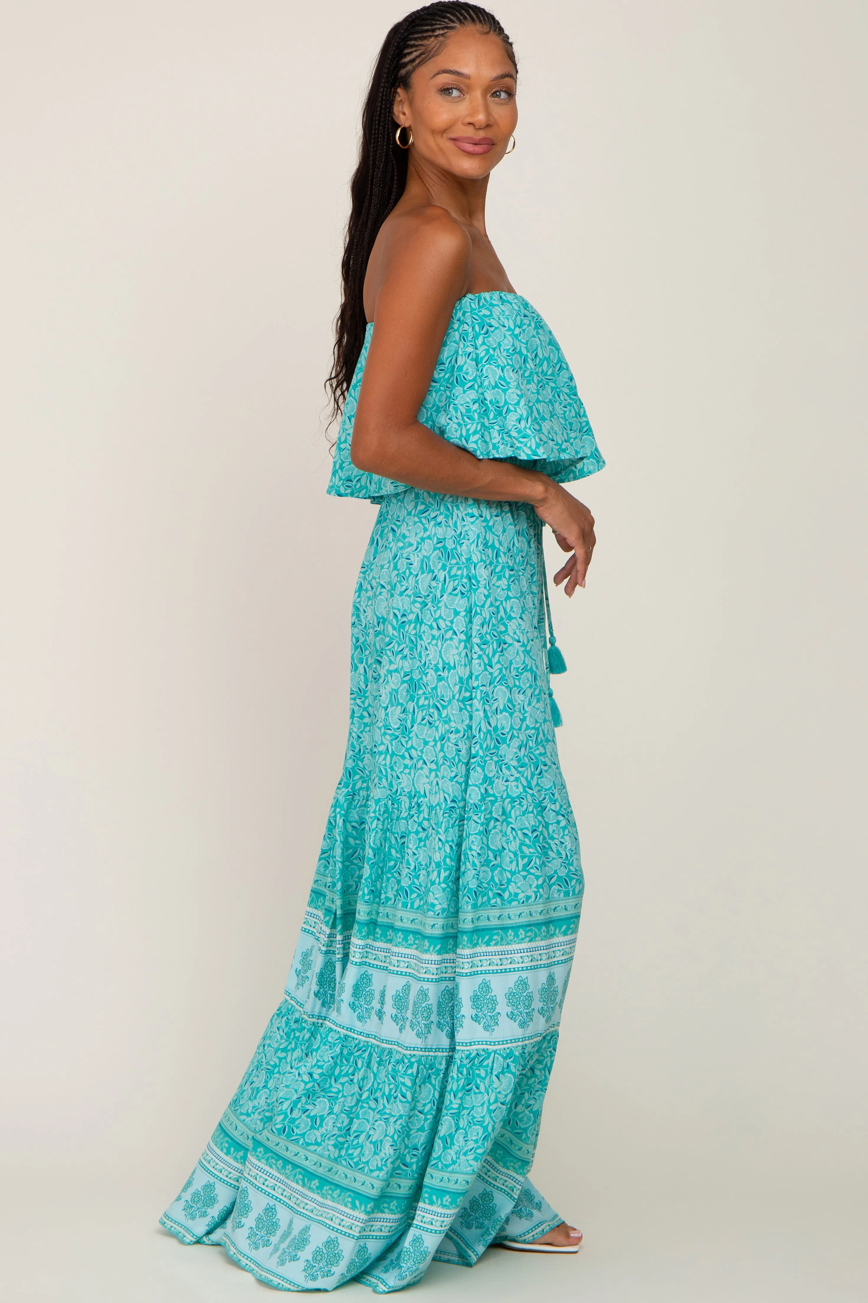 Aqua Floral Ruffle Layered Strapless Maxi Dress