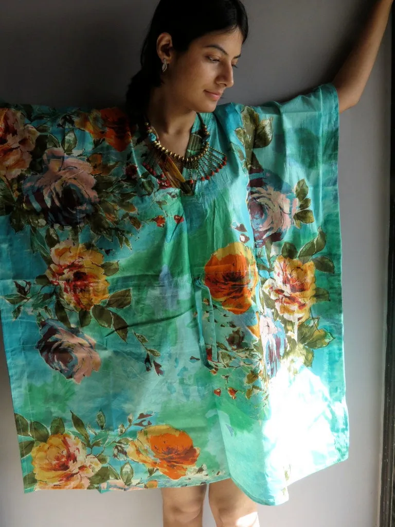 Aqua Large Floral Blossom V-Neck, Knee Length, Cinched Waist Caftan