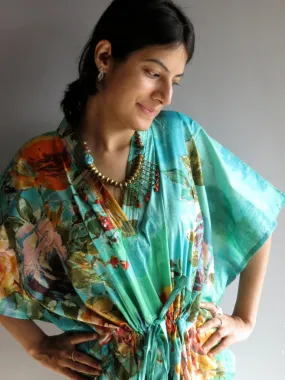 Aqua Large Floral Blossom V-Neck, Knee Length, Cinched Waist Caftan