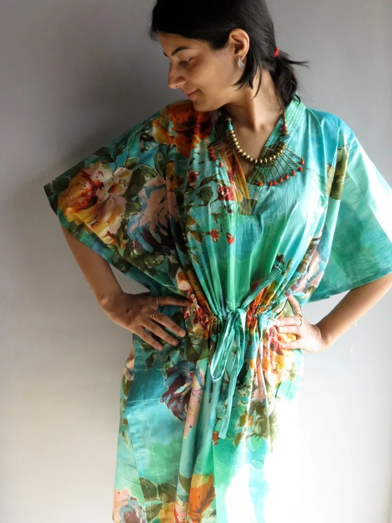 Aqua Large Floral Blossom V-Neck, Knee Length, Cinched Waist Caftan