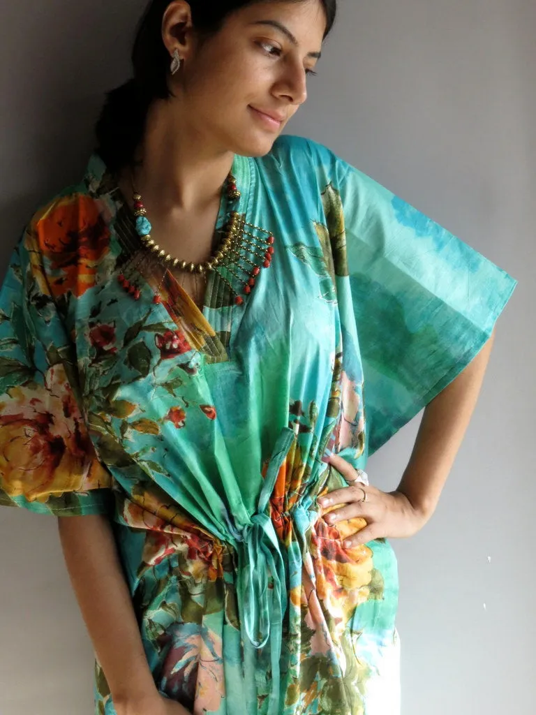 Aqua Large Floral Blossom V-Neck, Knee Length, Cinched Waist Caftan