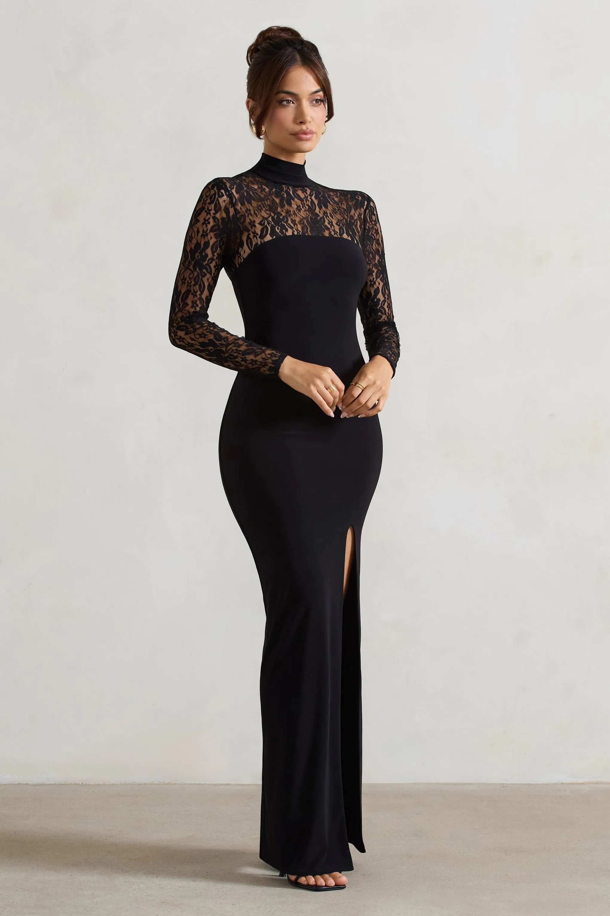 Arden | Black High-Neck Split Maxi Dress With Lace Sleeves