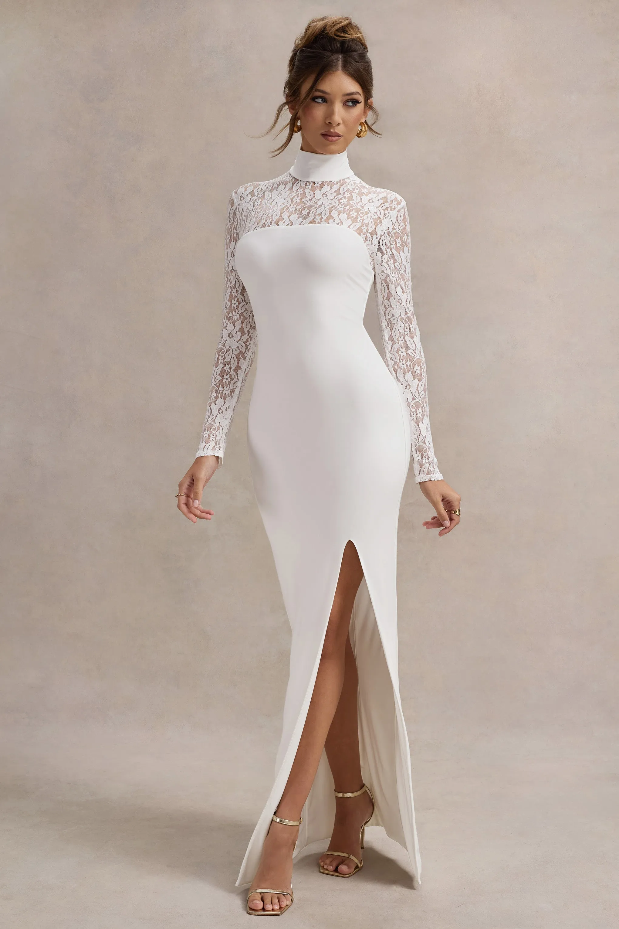 Arden | White High-Neck Split Maxi Dress With Lace Sleeves