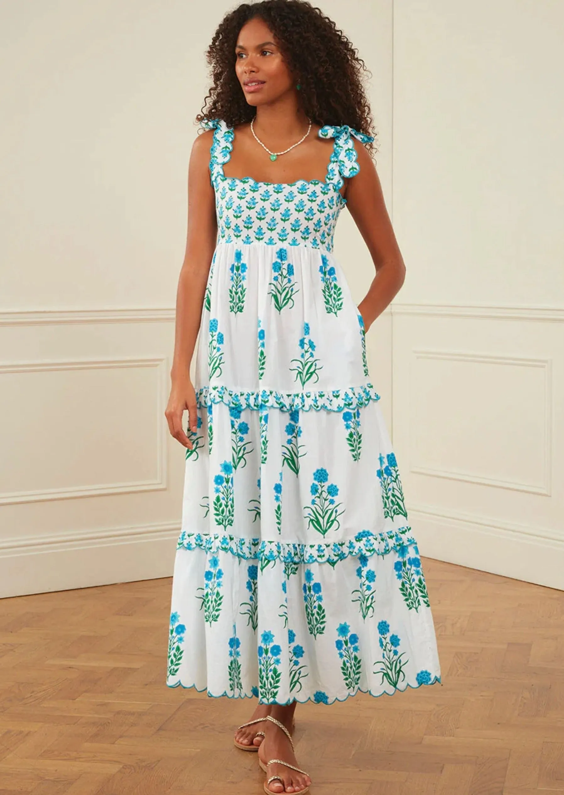 Athens Dress in Aqua Botanical