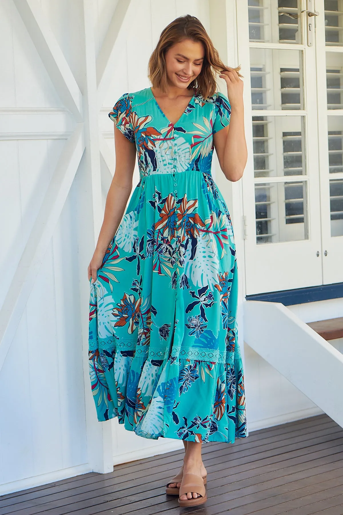 Augustina Button Front Aqua Print Maxi Dress