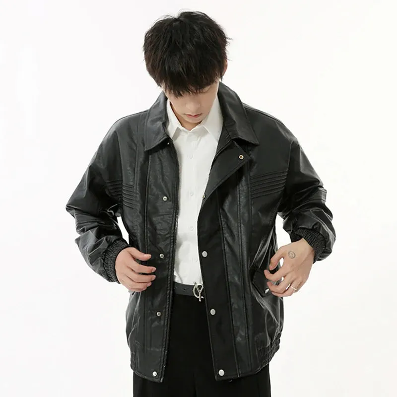 Autumn Men's Jackets Casual PU Leather Zipper Turn-down Collar Single Breasted Solid Color Male Loose Coats 9C6831