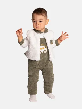 Baby Boy 3 piece Corduroy Dungaree - Olive Green