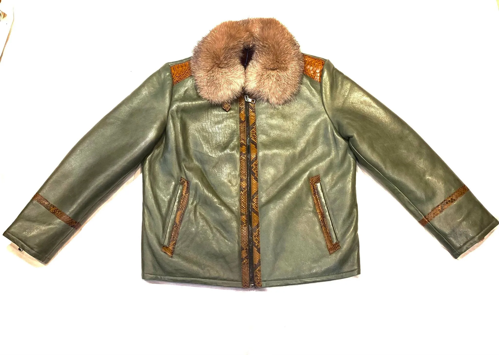 Barya NewYork Olive Cognac Python Fox Shearling Bomber Jacket