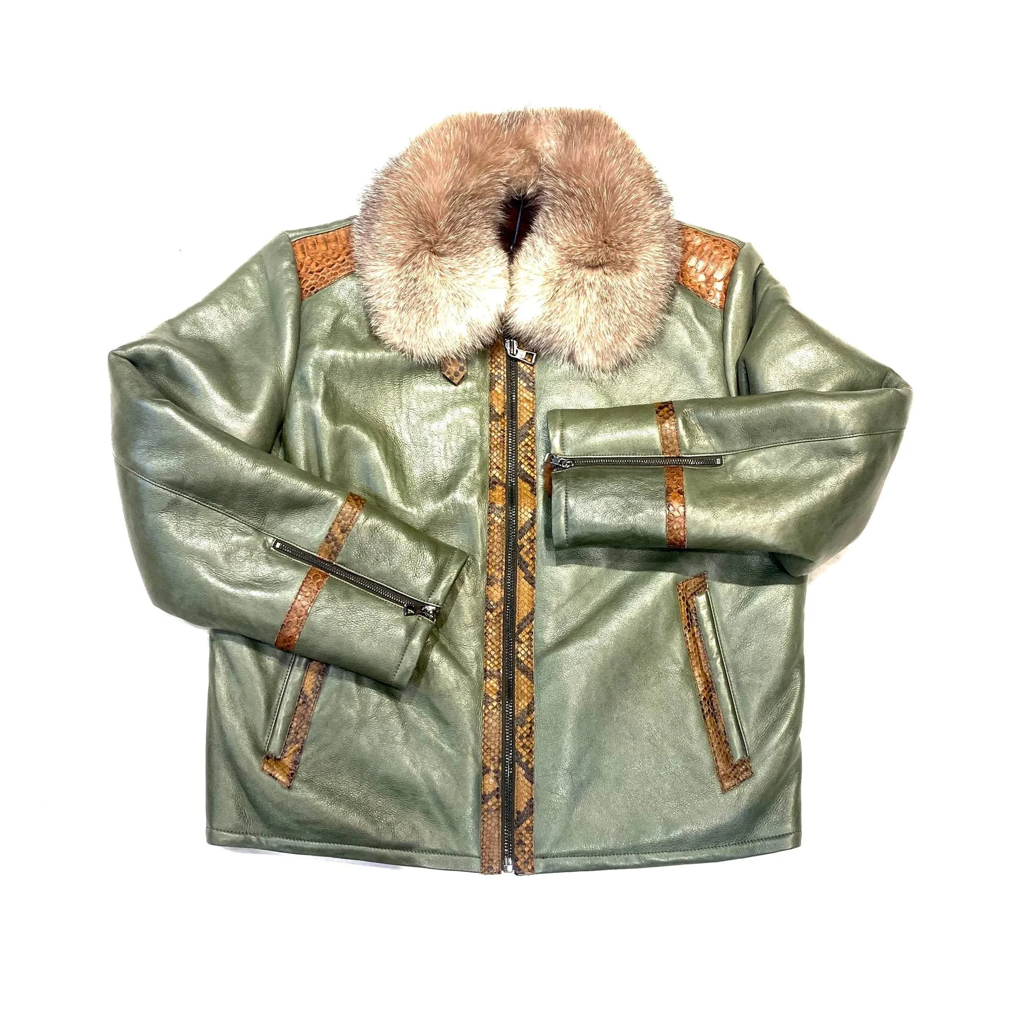 Barya NewYork Olive Cognac Python Fox Shearling Bomber Jacket