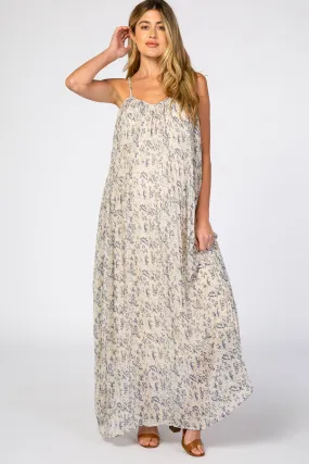 Beige Floral Chiffon Pleated Maternity Maxi Dress