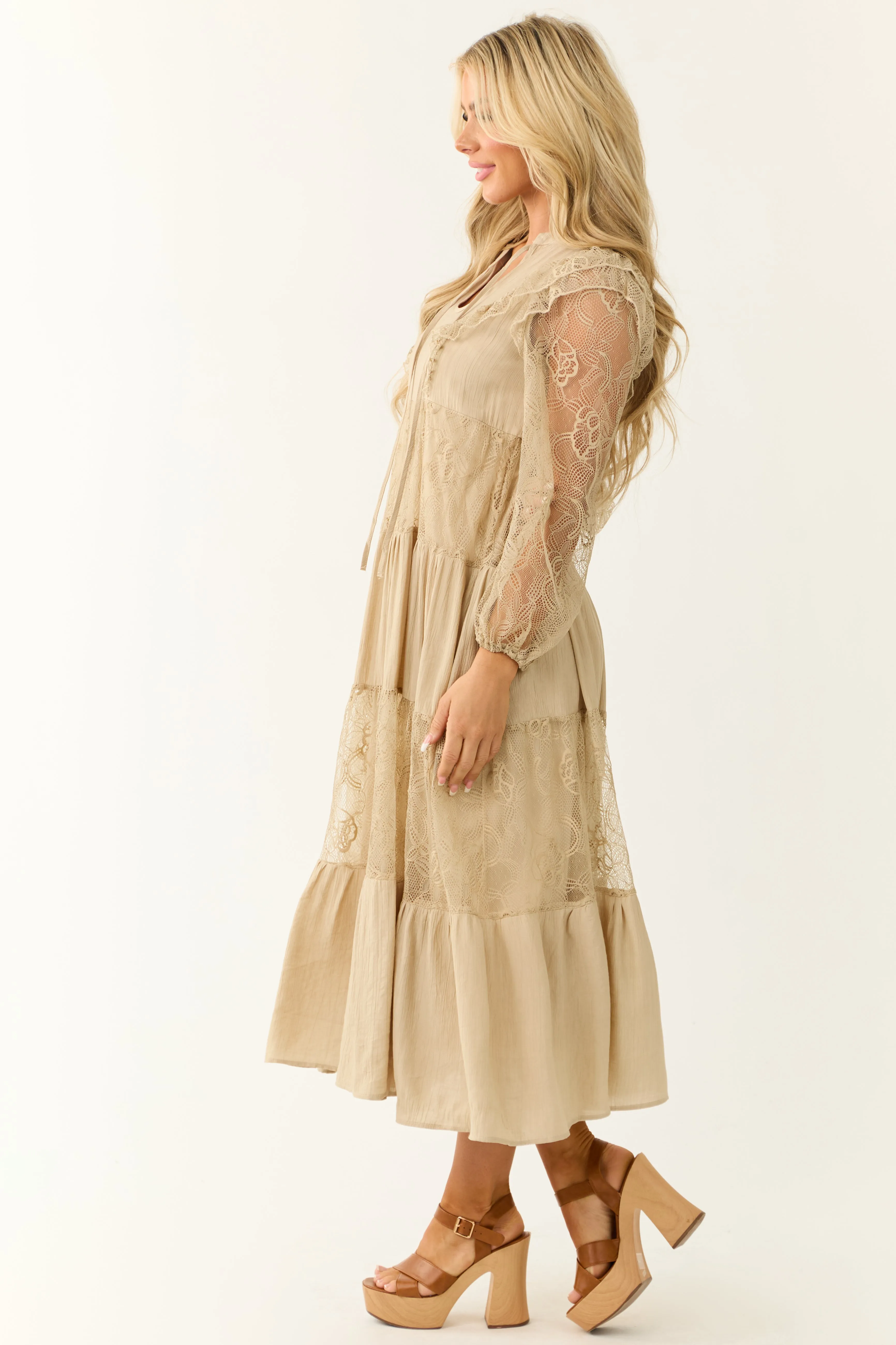 Beige Front Tie Tiered Lace Maxi Dress